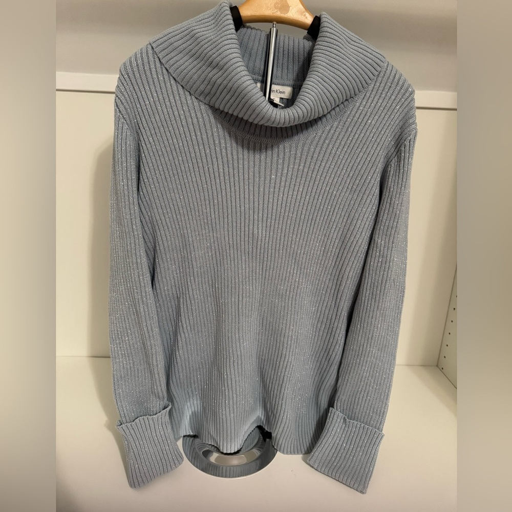 Calvin Klein Light Blue Metallic Cowl Neck Sweater